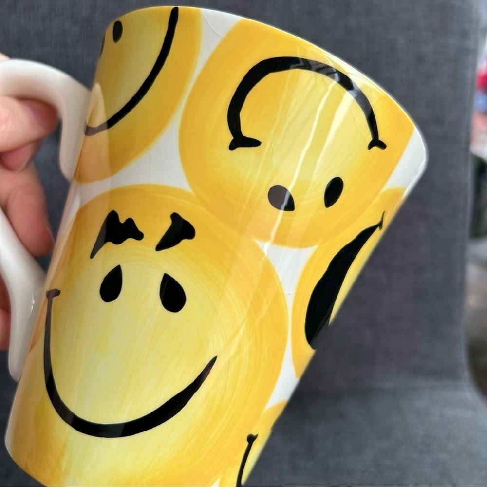 Smiley Face Emoji Covered Coffee Mug, Yellow, White, 15 oz - Picture 11 of 14